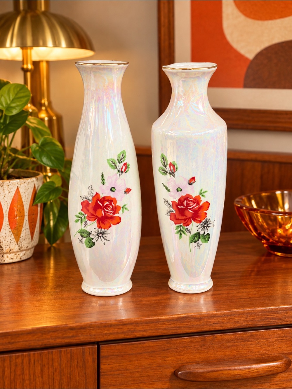 Vintage Set of 2 Iridescent Ceramic Floral Bud Vases Iridescent Taiwan granny